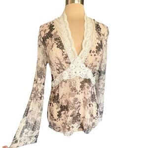 Karen Kane Y2K Babydoll Sheer Silk Top Flare Sleeve Lace Trim Sz L Fairy Grunge